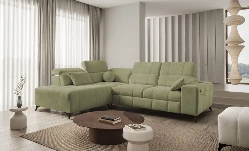 Meistverkauft Ecksofa mit Schlaffunktion Penejos VII olive links stilvolles Ecksofa mit Bettzeugablage komfortable verstellbare Kopfstützen
