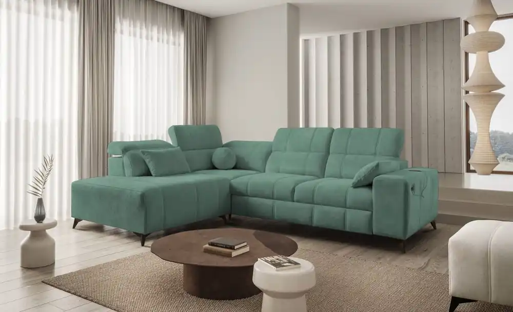 Ecksofa mit Schlaffunktion Penejos VII grün linksseitig stilvolles Ecksofa mit Bettzeugablage komfortable verstellbare Kopfstützen Saisonangebot
