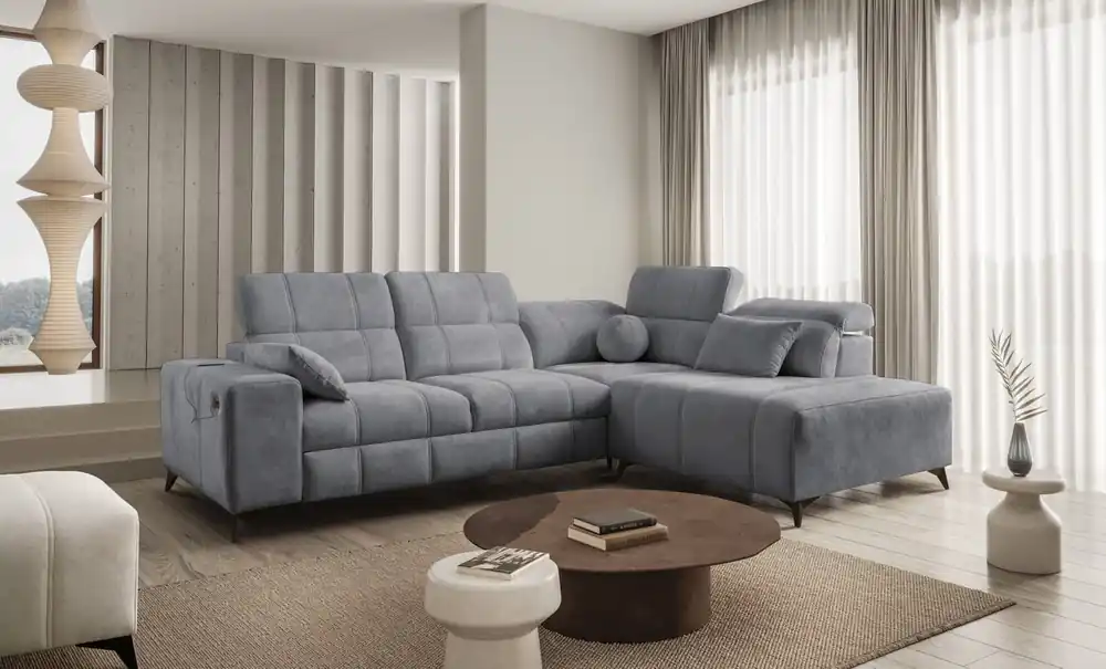 Ecksofa mit Schlaffunktion Penejos VII grau rechte Ecke stilvolles Sofa mit Bettzeugablage komfortable verstellbare Kopfstützen Rabatt