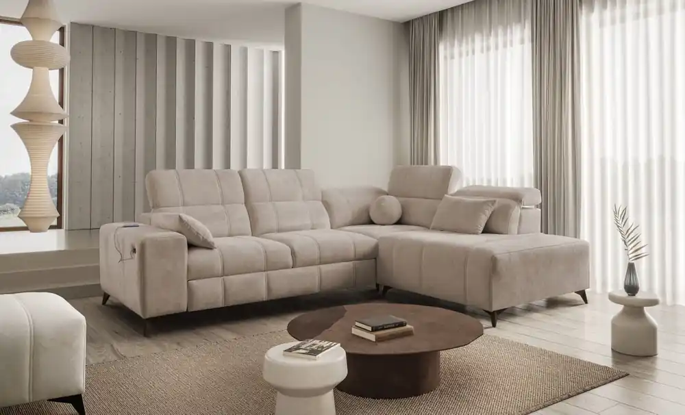 Jetzt Kaufen Ecksofa mit Schlaffunktion Penejos VII dunkelbeige rechts stilvolles Ecksofa mit Bettzeugablage komfortable verstellbare Kopfstützen