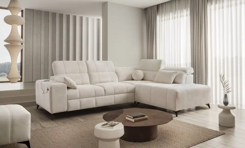 Geprüft Ecksofa mit Schlaffunktion Penejos VII creme rechts stilvolles Ecksofa mit Bettzeugablage komfortable verstellbare Kopfstützen