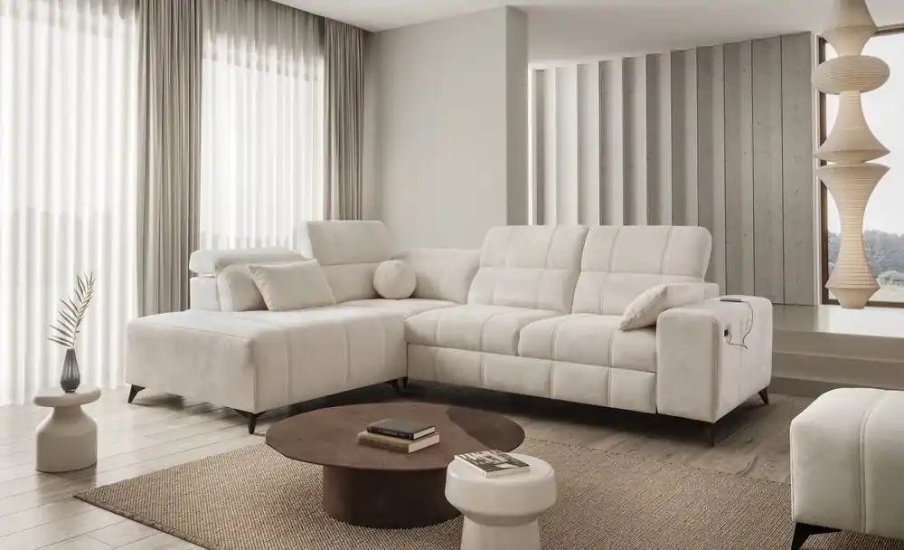 Billig Ecksofa mit Schlaffunktion Penejos VII creme links stilvolles Ecksofa mit Bettzeugablage komfortable verstellbare Kopfstützen