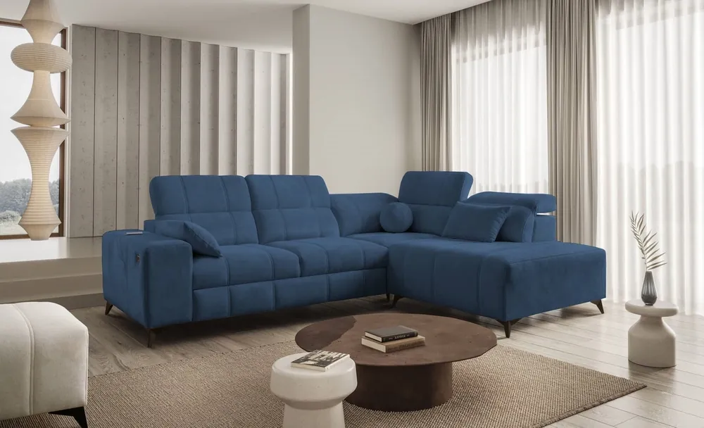 Saisonangebot Ecksofa mit Schlaffunktion Penejos VII blau rechtsseitig stilvolles Ecksofa mit Bettzeugablage komfortable verstellbare Kopfstützen
