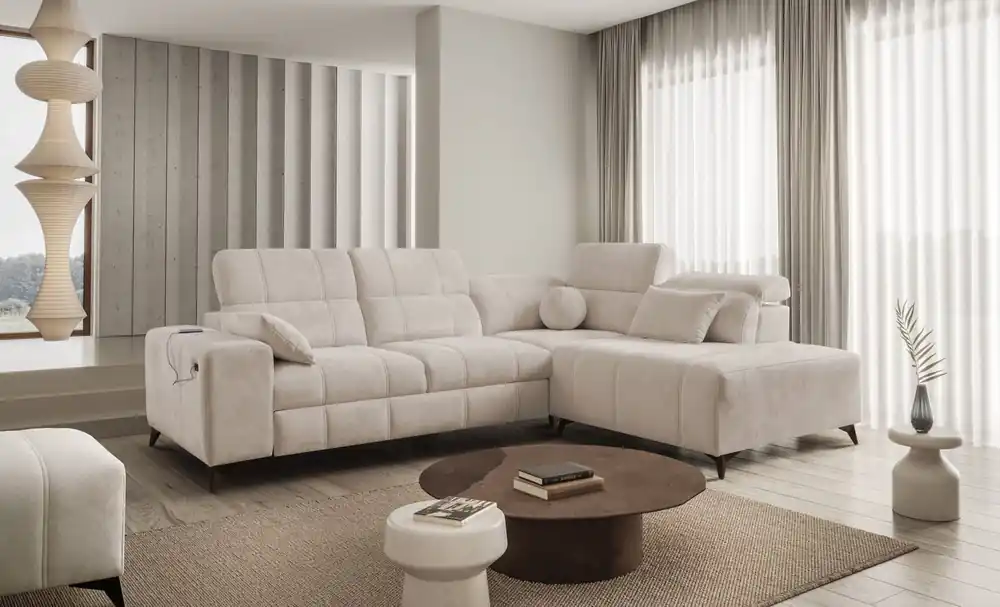 Expressversand Ecksofa mit Schlaffunktion Penejos VII beige rechte Seite stilvolles Ecksofa mit Bettzeugablage komfortable verstellbare Kopfstützen