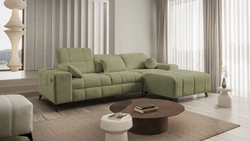 Zertifiziert Ecksofa mit Schlaffunktion Penejos olive rechts elegantes Ecksofa mit Bettzeugablage bequem verstellbare Kopfstützen