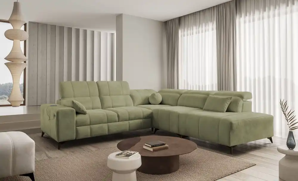 Jetzt Bestellen Ecksofa mit Schlaffunktion Penejos IX olive rechts stilvolles Ecksofa mit Bettzeugcontainern komfortable verstellbare Kopfstützen