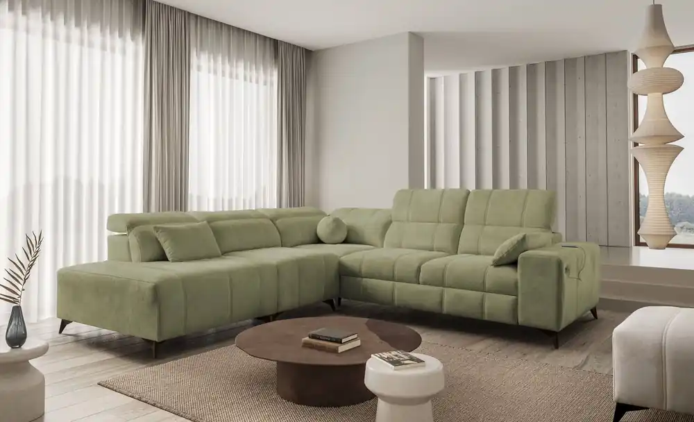 Ecksofa mit Schlaffunktion Penejos IX olive links stilvolles Ecksofa mit Bettzeugcontainern komfortable verstellbare Kopfstützen Top-Angebot