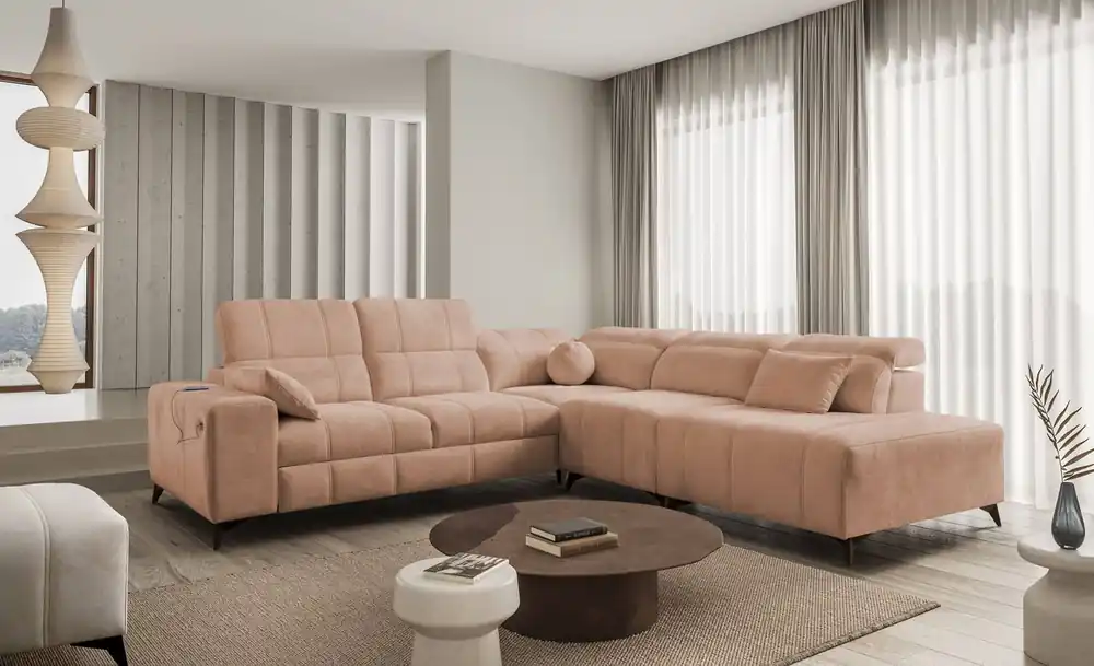 Ecksofa mit Schlaffunktion Penejos IX lachsfarbe rechts stilvolles Ecksofa mit Bettzeugcontainern komfortable verstellbare Kopfstützen Letzte Chance