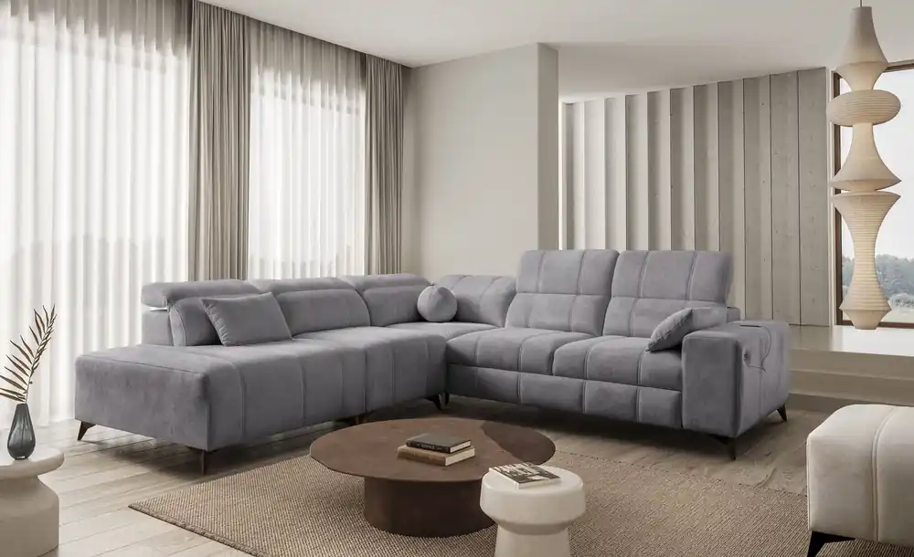 Ecksofa mit Schlaffunktion Penejos IX hellgrau linke Seite stilvolles Ecksofa mit Bettzeugcontainern komfortable verstellbare Kopfstützen Schnäppchen