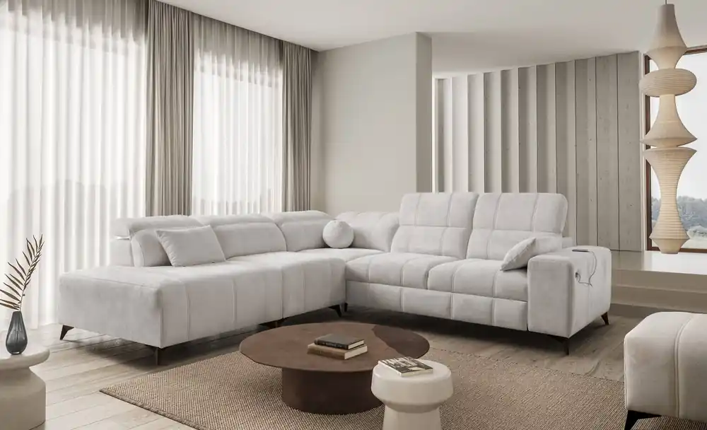 Ecksofa mit Schlaffunktion Penejos IX grau Esche links stilvolles Ecksofa mit Bettzeugcontainern komfortable verstellbare Kopfstützen Must-Have