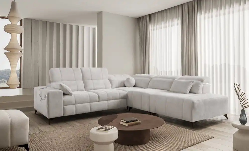 Ecksofa mit Schlaffunktion Penejos IX Esche grau rechts Ecksofa mit Bettzeugcontainer komfortable verstellbare Kopfstützen Solange Der Vorrat Reicht
