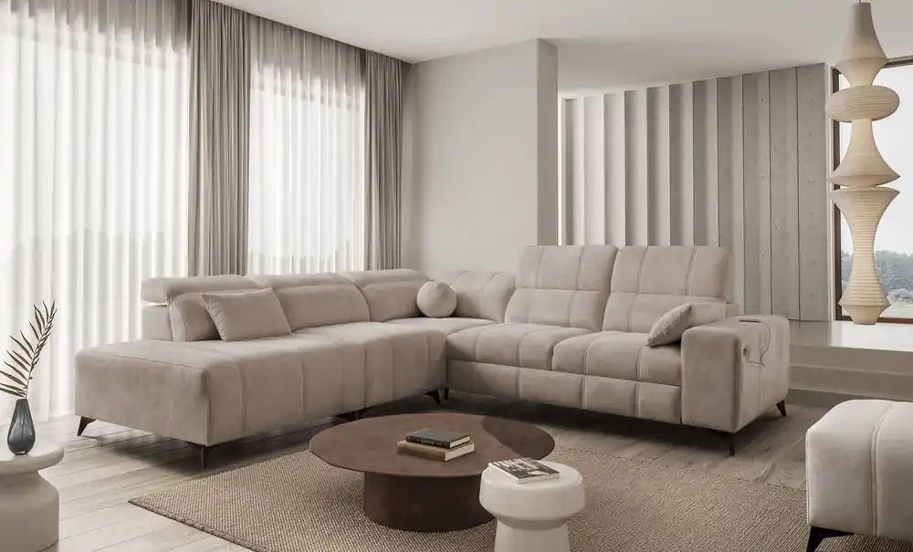 Abverkauf Ecksofa mit Schlaffunktion Penejos IX dunkelbeige linke Seite stilvolles Ecksofa mit Bettzeugcontainer komfortable verstellbare Kopfstützen