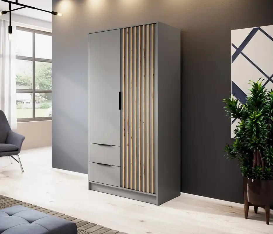 Kleiderschrank Aspen 105 cm Grau / Eiche Artisan Lamellen modernes Design Schranktüren mit dekorativen Lamellen Online Kaufen