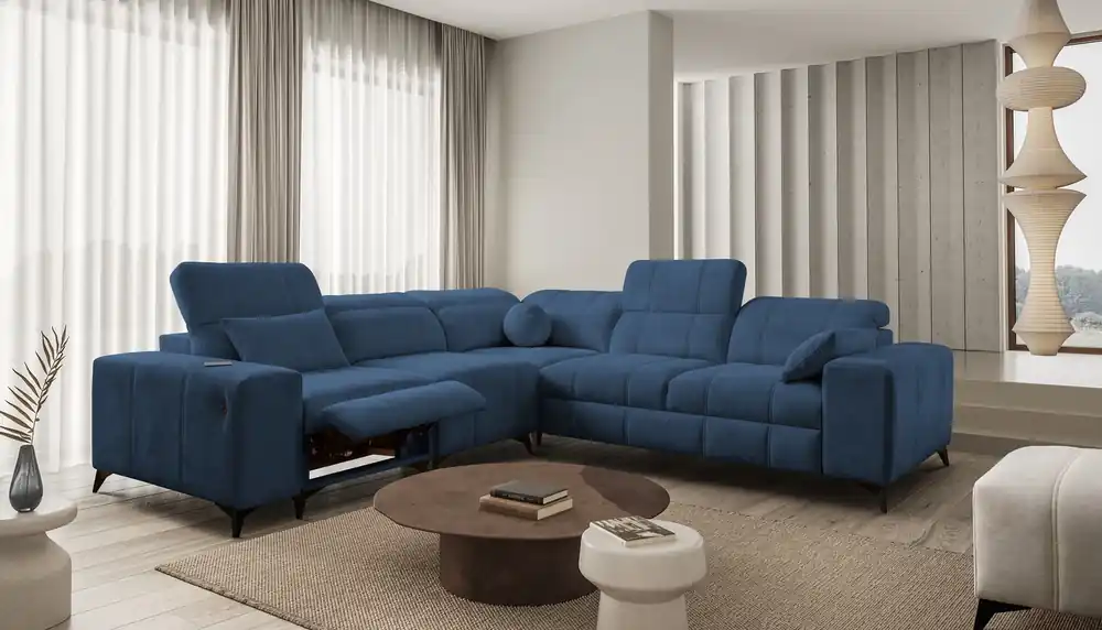 Jetzt Bestellen Ecksofa mit Schlaffunktion Penejos III Lux blau links bequemes Ecksofa für Wohnzimmer mit ausziehbarem Fußteil Bettwäschecontainer
