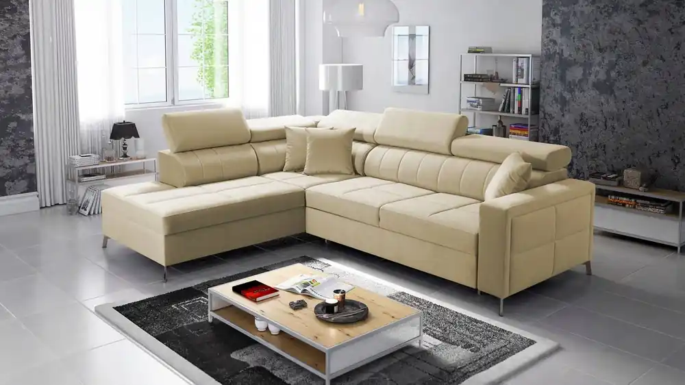 Ecksofa mit Schlaffunktion Nausa III beige linksseitig Samt stilvolles bequemes Ecksofa verstellbare Kopfstützen Bettzeug Container Neuheit