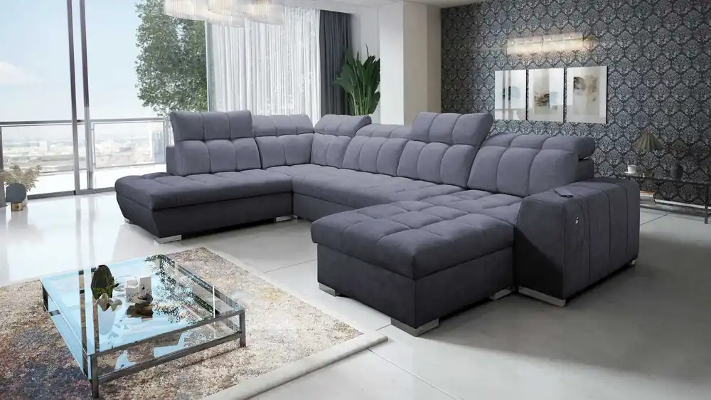 Ecksofa mit Schlaffunktion Luigi VI graphit rechte Seite stilvolles Schlafsofa mit Bettzeugcontainern, bezogen mit weichem Stoff Direktkauf