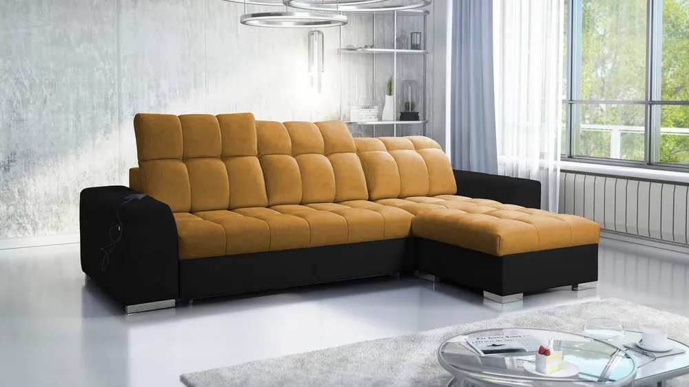 Top-Preis Ecksofa mit Schlaffunktion Luigi honig/schwarz rechtes Ecksofa mit zwei Bettkästen Stoff mit einer interessanten Struktur