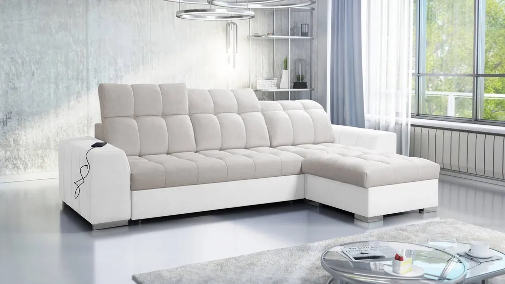 Ecksofa mit Schlaffunktion Luigi hellbeige / weiß rechts Ecksofa mit zwei Bettkästen Stoff mit einer interessanten Struktur Heißes Angebot