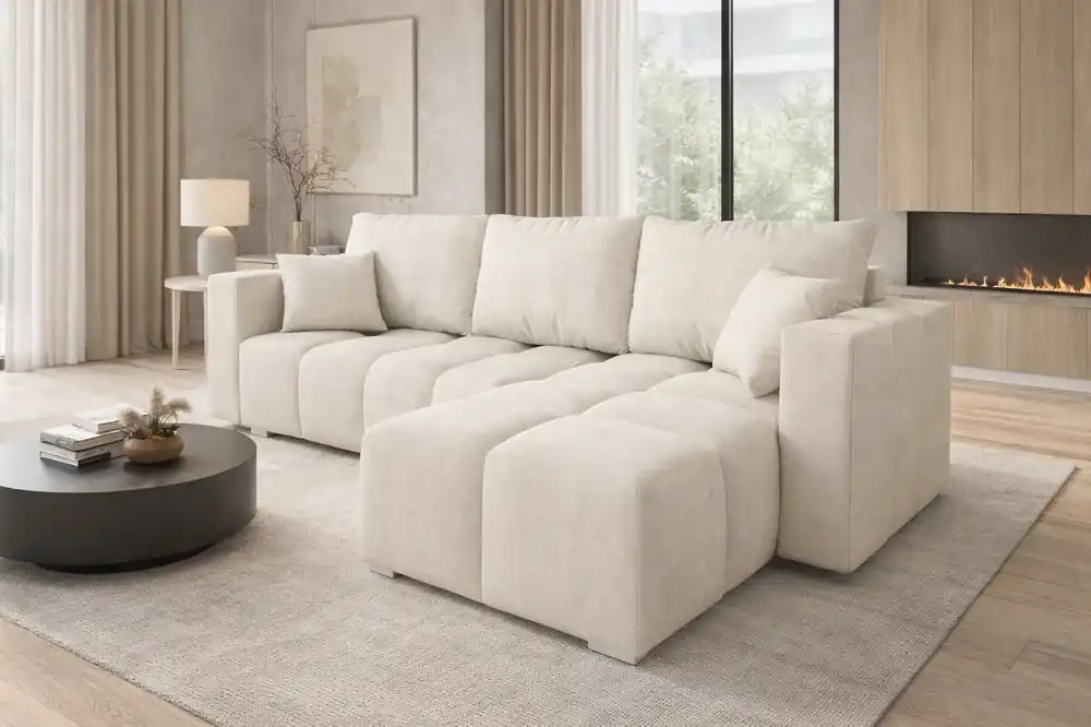 Ecksofa mit Schlaffunktion Linco ecru Universal Ecksofa für Wohnzimmer modernes Design strukturierter Stoff mit interessanter Oberfläche Letzte Chance