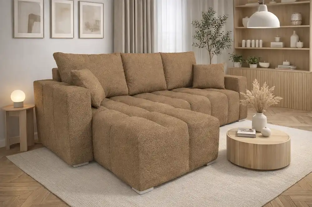 Preis Gesenkt Ecksofa mit Schlaffunktion Linco dunkelbeige Universal Ecksofa für Wohnzimmer mit modernem Design aus Boucle-Stoff