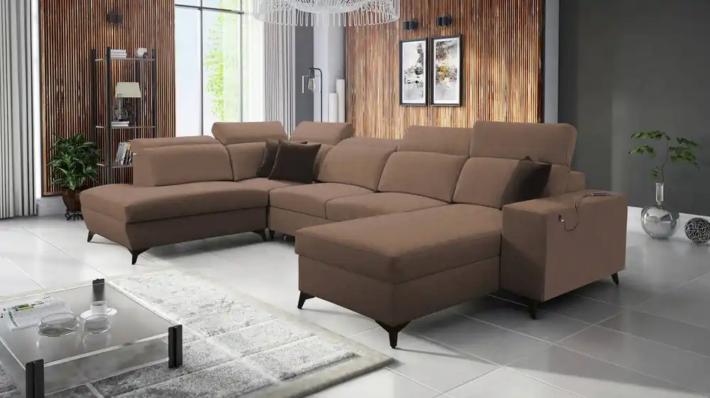 Expressversand Ecksofa mit Schlaffunktion Kelly Sleek VI hellbraun rechts modernes Design Ecksofa für Wohnzimmer mit verstellbaren Kopfstützen