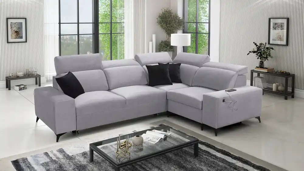 Ecksofa mit Schlaffunktion Kelly Sleek II grau Esche rechts elegantes Ecksofa für Wohnzimmer aus Webstoff Abverkauf