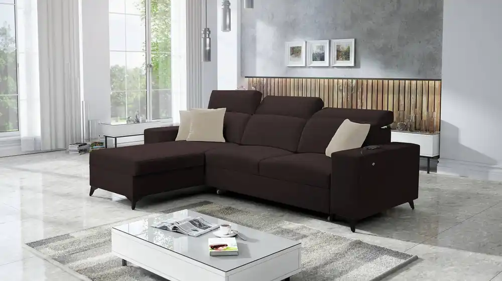 Neu Ecksofa mit Schlaffunktion Kelly Sleek braun linke Seite geflochten bequem und funktional Ecksofa Bett für Wohnzimmer