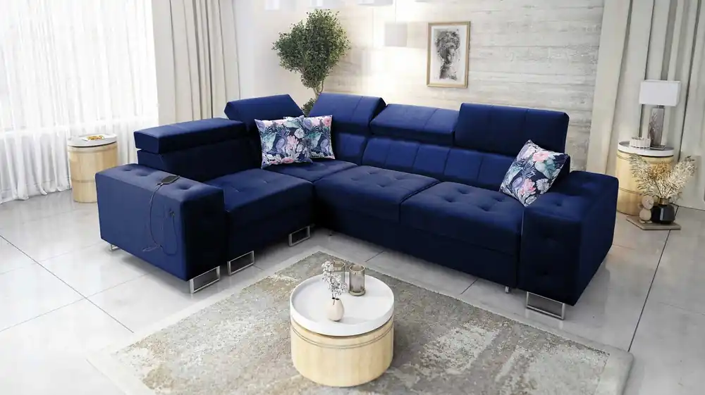 Ecksofa mit Schlaffunktion Hampton II navy blau links stilvolles Ecksofa Bett weiche Polsterung Stoffart Samt Sofort Bestellen