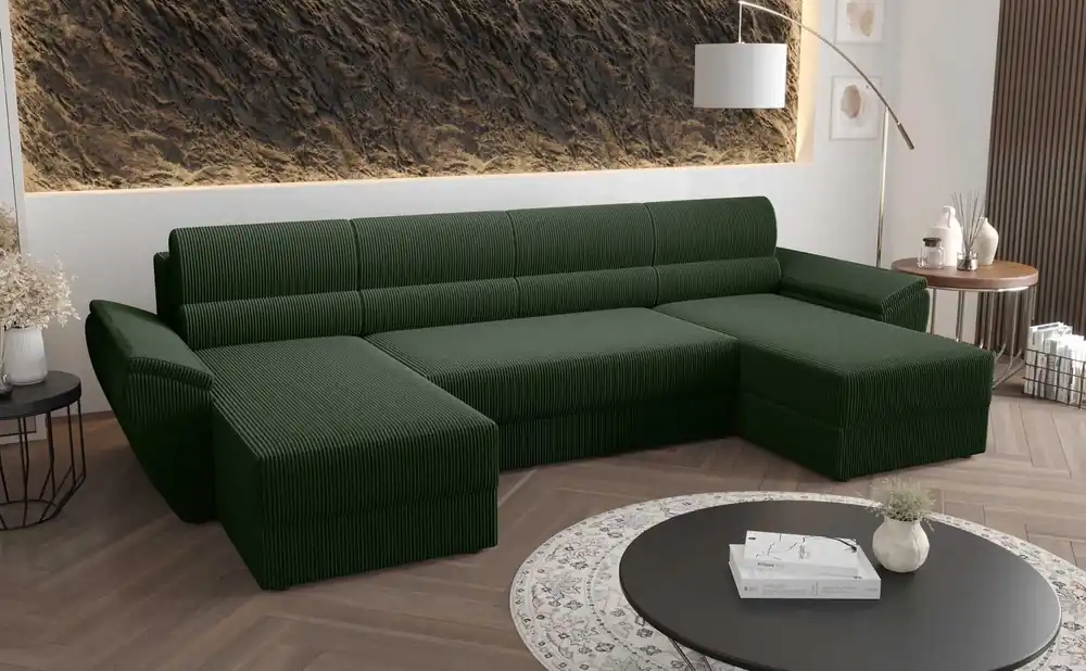 Ecksofa mit Schlaffunktion Fogu U II grün bequemes Ecksofa mit bequemen Armlehnen interessanter Designcontainer für Bettwäsche Neuheit