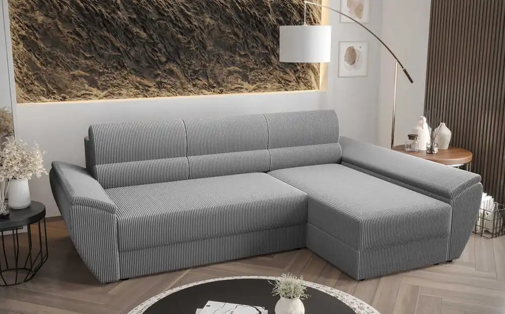 Online Kaufen Ecksofa mit Schlaffunktion Fogu III graue Esche rechtes Ecksofa mit Armlehnen und Bettzeugablage Kordstoff