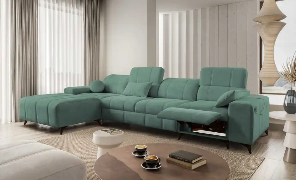 Ecksofa mit Schlaffunktion Penejos XII Lux grün linke stilvolles Ecksofa mit bequemer ausziehbarer Fußstütze Neu