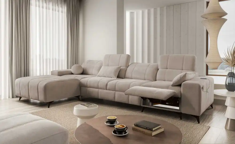 Ecksofa mit Schlaffunktion Penejos XII Lux dunkelbeige linke stilvolles Ecksofa mit bequemer ausziehbarer Fußstütze Neu