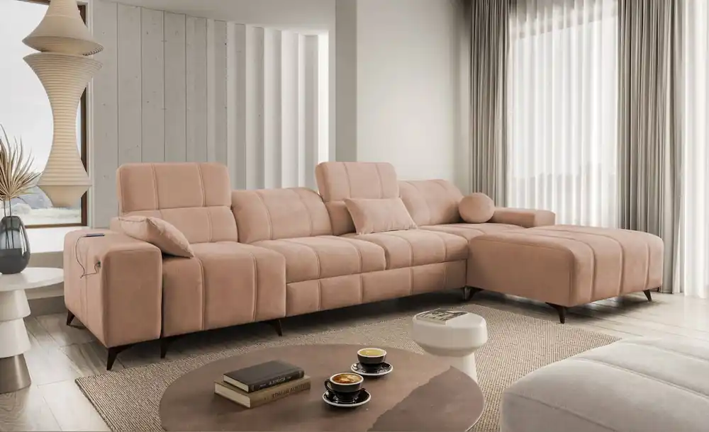 Preis Gesenkt Ecksofa mit Schlaffunktion Penejos XII lachsfarbe rechts stilvolles Ecksofa mit Bettzeugcontainern komfortable verstellbare Kopfstützen