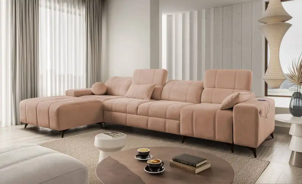 Ecksofa mit Schlaffunktion Penejos XII lachsfarbe links stilvolles Ecksofa mit Bettzeugcontainern komfortable verstellbare Kopfstützen Billig