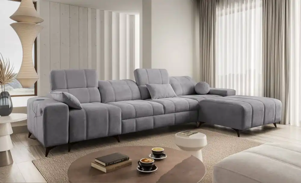 Ecksofa mit Schlaffunktion Penejos XII hellgrau rechte Seite stilvolles Ecksofa mit Bettzeugcontainern komfortable verstellbare Kopfstützen Kracherpreis
