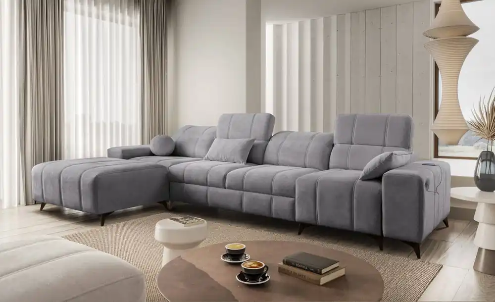Markenware Ecksofa mit Schlaffunktion Penejos XII hellgrau linke Seite stilvolles Ecksofa mit Bettzeugcontainern komfortable verstellbare Kopfstützen