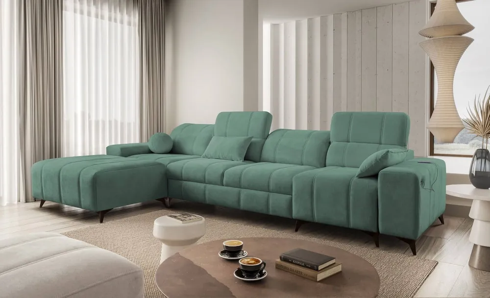 Begrenztes Angebot Ecksofa mit Schlaffunktion Penejos XII grün linke Seite stilvolles Ecksofa mit Bettzeugcontainern komfortable verstellbare Kopfstützen