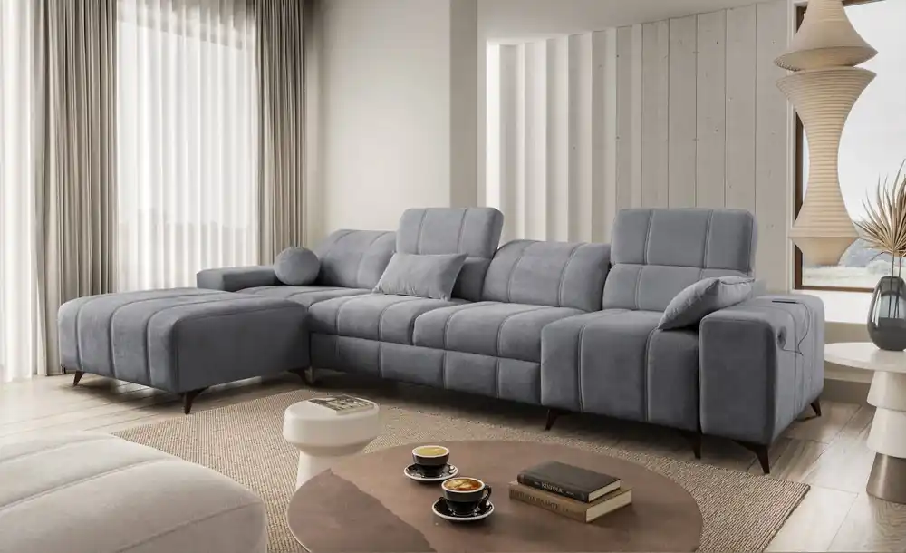 Rabatt Ecksofa mit Schlaffunktion Penejos XII grau linke Seite stilvolles Ecksofa mit Bettzeugcontainern komfortable verstellbare Kopfstützen