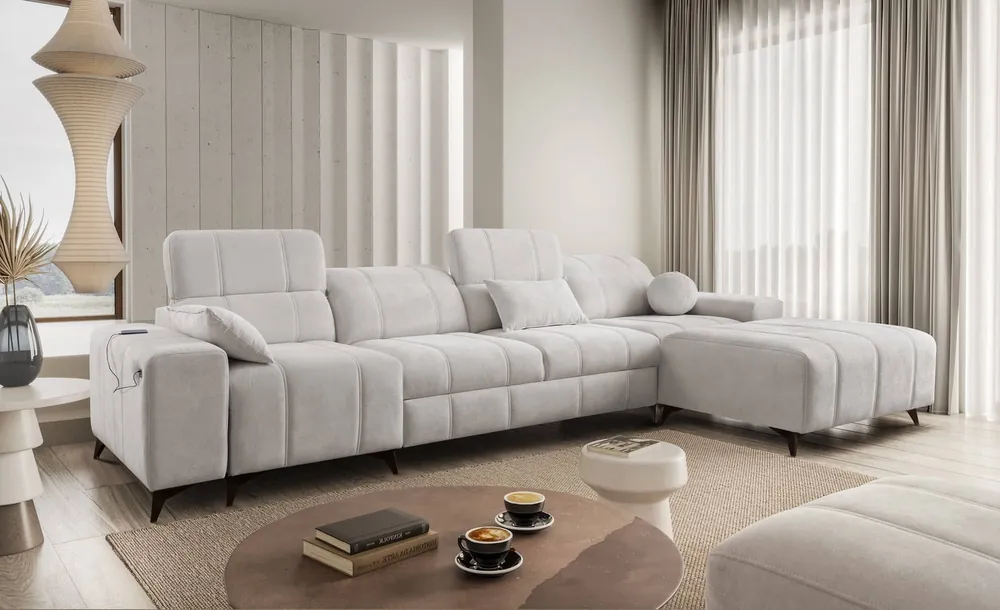 Jetzt Bestellen Ecksofa mit Schlaffunktion Penejos XII grau Esche rechts stilvolles Ecksofa mit Bettzeugcontainern komfortable verstellbare Kopfstützen