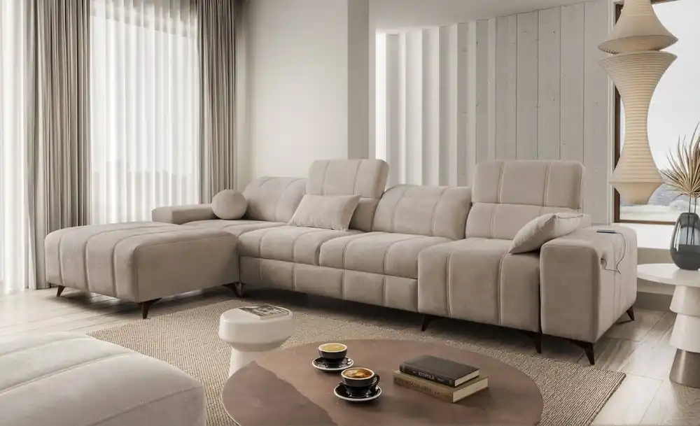 Billig Ecksofa mit Schlaffunktion Penejos XII dunkelbeige linke Seite stilvolles Ecksofa mit Bettzeugcontainer komfortable verstellbare Kopfstützen