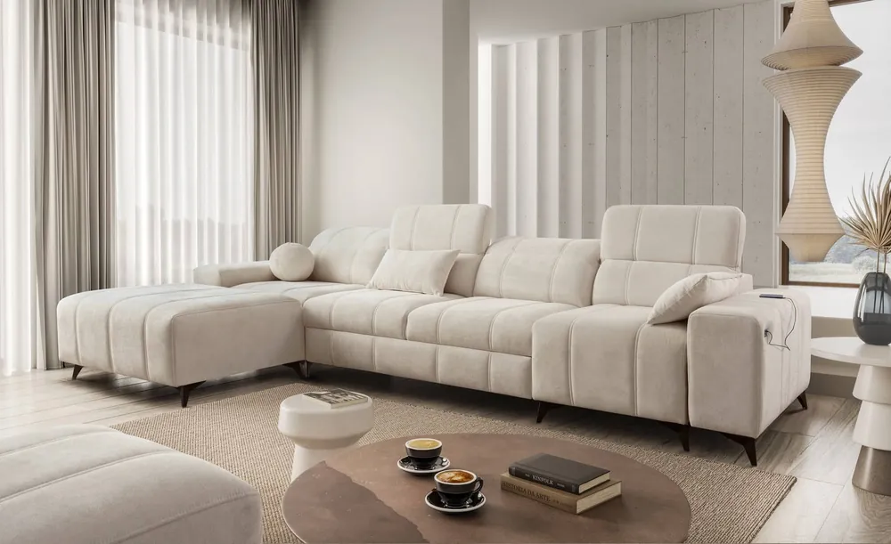 Finale Aktion Ecksofa mit Schlaffunktion Penejos XII cremefarben linksseitig stilvolles Ecksofa mit Bettzeugcontainern komfortable verstellbare Kopfstützen
