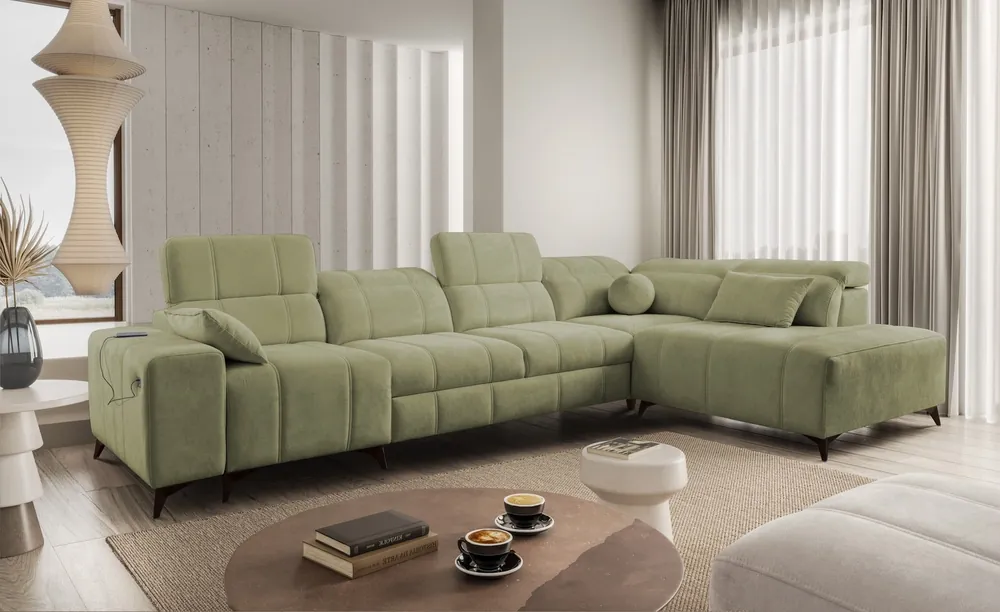 Billig Ecksofa mit Schlaffunktion Penejos XI olive rechts komfortables Ecksofa mit verstellbaren Kopfstützen und zwei Bettkästen