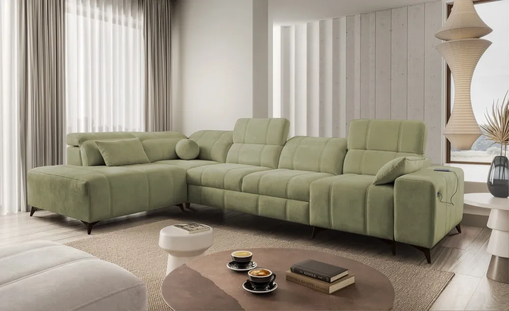 Ecksofa mit Schlaffunktion Penejos XI olive links komfortables Ecksofa mit verstellbaren Kopfstützen und zwei Bettkästen Expressversand