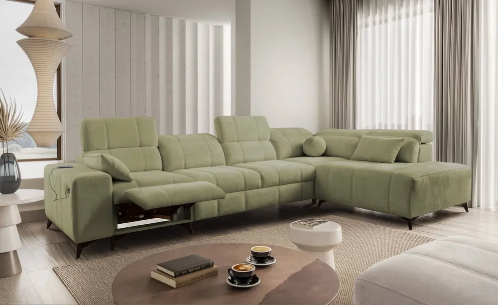 Garantierte Lieferung Ecksofa mit Schlaffunktion Penejos XI Lux olive rechtsseitig stilvolles Ecksofa mit komfortablem ausziehbarem Fußteil
