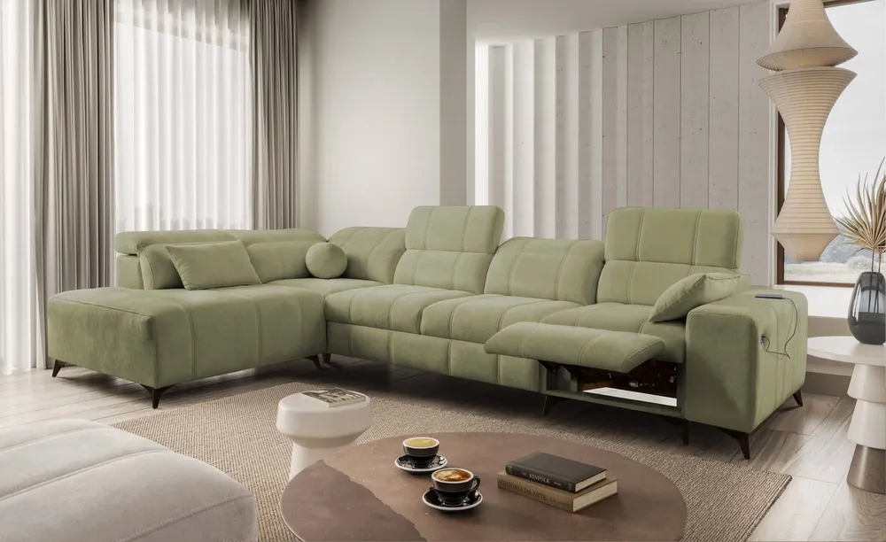 Ecksofa mit Schlaffunktion Penejos XI Lux olive linke Seite stilvolles Ecksofa mit bequemem ausziehbarem Fußteil Preis Gesenkt
