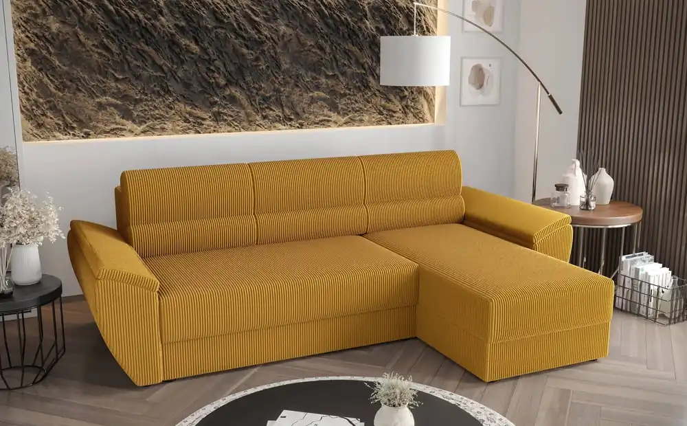 Ecksofa mit Schlaffunktion Fogu II Honig Gelb right stilvolles Ecksofa mit bequemen Armlehnen und einem Bettkasten Online Kaufen