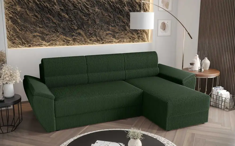 Ecksofa mit Schlaffunktion Fogu II grün rechtsseitig stilvolles Ecksofa mit bequemen Armlehnen und einem Bettkasten Direktkauf