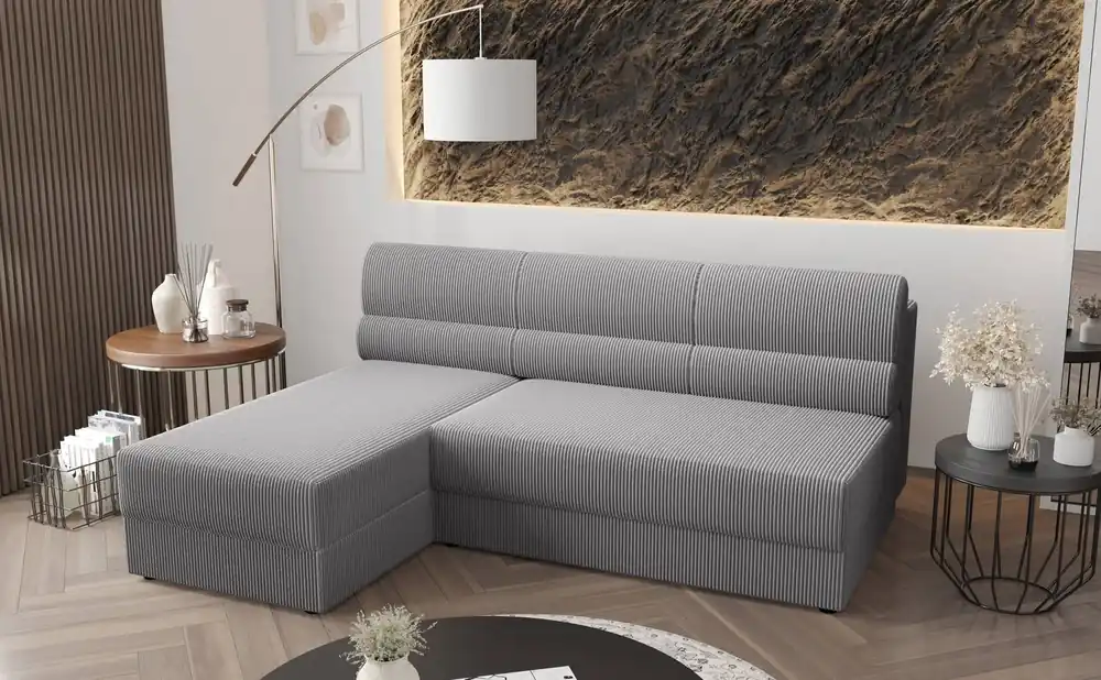 Knallerangebot Ecksofa mit Schlaffunktion Fogu grau Esche links Ecksofa mit einfachem Design mit Cord-Stoff Bettzeug-Container bezogen