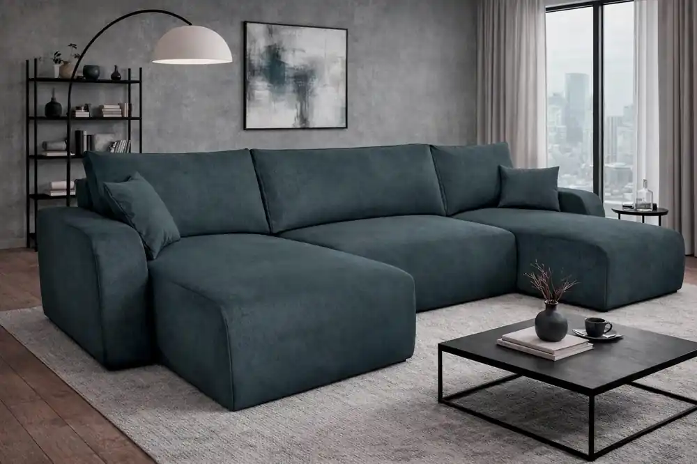 Abverkauf Ecksofa mit Schlaffunktion Fiesta U XL dunkelgrau Ecksofa für Wohnzimmer mit Bettzeug Stauraum Stoff mit Plüschoberfläche