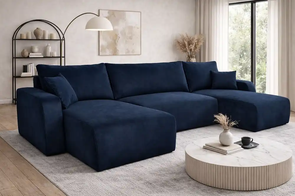Sonderangebot Ecksofa mit Schlaffunktion Fiesta U XL dunkelblau elegantes Ecksofa für Wohnzimmer mit Bettzeugablage Plüschstoff